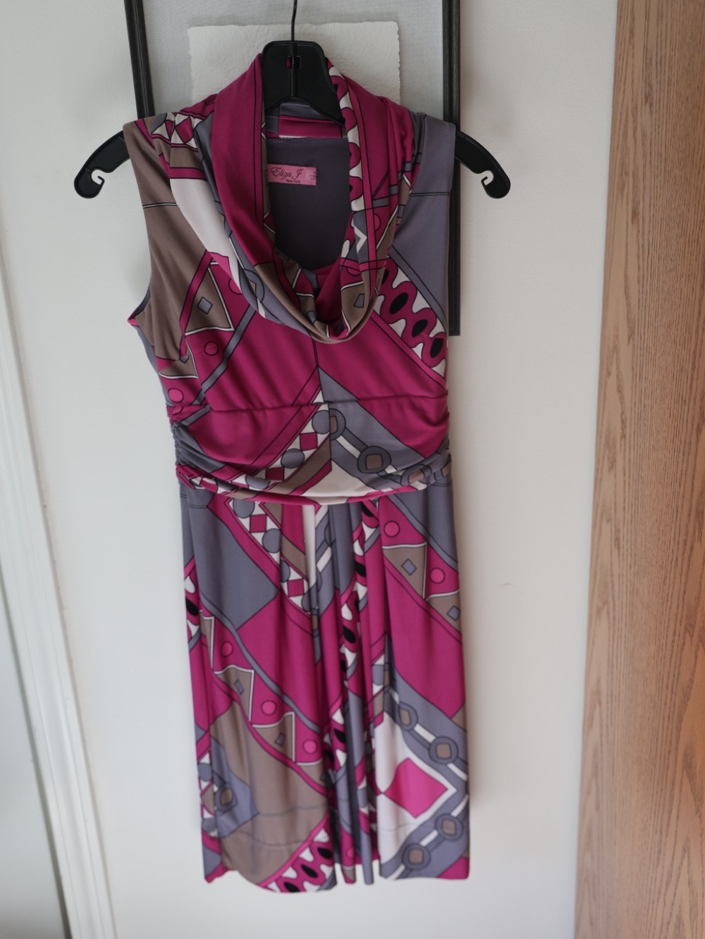 Eliza J Cowl Neck Geometric Print Jersey Dress Pink Gray Sleeveless 2P